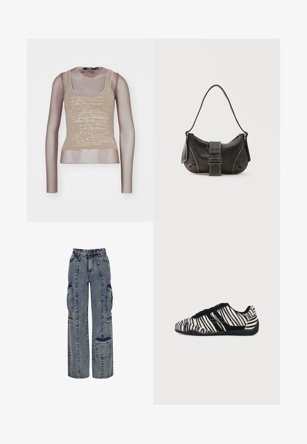 Beige ärmelloses Top kombiniert mit langen Mesh-Ärmeln; verfügt über einen weißen Schriftzug auf der Vorderseite, einen runden Ausschnitt und eine taillierte Silhouette.; Denim-Cargohosen in Hellblau. Merkmale sind weite Beine, mehrere Seitentaschen und kontrastierende Akzente aus dunklem Denim. Strukturiert mit sichtbaren Nähten.; Schwarz-weißer Sneaker mit Schnürung, Zebramuster und texturierter schwarzer Sohle auf einem einfarbigen hellen Hintergrund.; Schwarze Leder-Schultertasche mit Schnallengurt-Detail, abgerundeten Kanten und kontrastierenden weißen Nähten auf schlichtem Hintergrund.