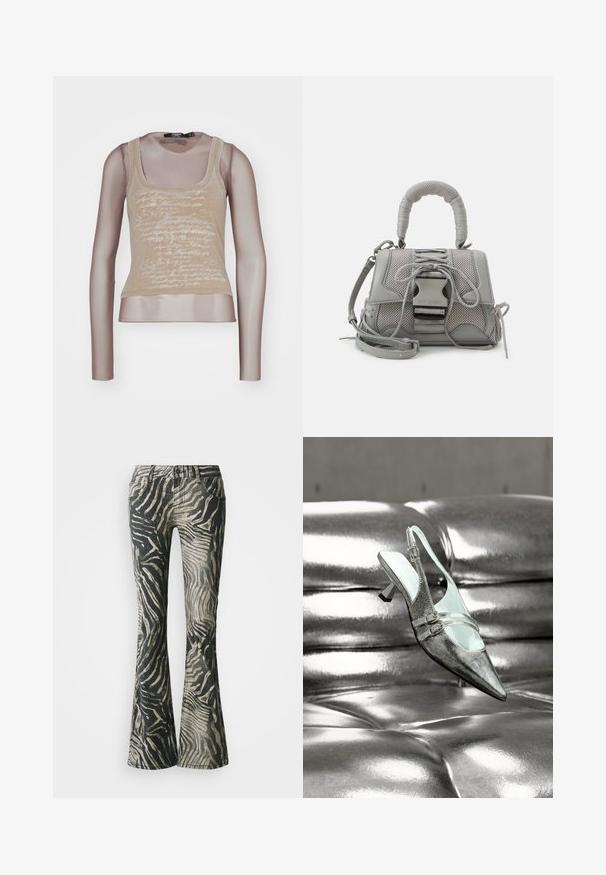 Beige tanktop gecombineerd met lange mesh mouwen; beschikt over een witte tekstprint aan de voorkant, ronde halslijn en een aansluitende pasvorm.; Flared jeans in een zwart en beige zebra patroon, gemaakt van denim, met een vijf-vakken ontwerp en duidelijke stiksels.; Zilverkleurige slingback damschoen met hoge hak en twee gespen, rustend op een glanzend, getuften zilveren leren oppervlak.; Grijze handtas met textuur, voorzien van een gevoerde handgreep, gaasaccenten, verstelbare schouderband en een sluiting aan de voorkant. Compact ontwerp met een ronde vorm.