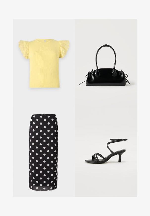 T-shirt jaune à rayures avec des manches épaules à volants à pois. Présente un col rond classique et une silhouette ajustée. Tissu texturé.; Jupe midi noire à pois, fabriquée en tissu léger avec des motifs circulaires blancs, dotée d'une taille ajustée et d'un subtil bord festonné.; Even&Odd Wide Fit by Zalando Sandales - black; Petit sac à main noir brillant avec deux longues anses et des détails à cordon sur les côtés sur un fond clair uni.