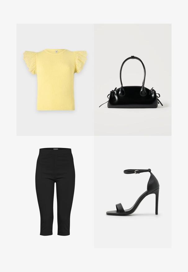 T-shirt jaune à rayures avec des manches épaules à volants à pois. Présente un col rond classique et une silhouette ajustée. Tissu texturé.; Pantalons capri noirs en tissu extensible. Dotés d'une taille ajustée, de poches latérales et d'une longueur cropped avec une texture lisse.; Sandale noire à talons hauts au design épuré, avec une bride au niveau de la cheville, un bout ouvert et une texture en cuir lisse.; Petit sac à main noir brillant avec deux longues anses et des détails à cordon sur les côtés sur un fond clair uni.