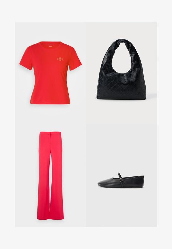 T-shirt en coton rouge avec un col rond, des manches courtes et un petit logo doré sur la poitrine. Texture lisse, coupe décontractée.; Pantalons larges de couleur rose vif, fabriqués à partir d'un tissu lisse et léger. La taille est dotée d'une fermeture par bouton et d'un design à l'avant plat.; Ballerines noires en cuir avec un bout pointu, une semelle plate et une petite sangle avec un détail de boucle en argent.; Sac à main en cuir noir avec une forme structurée et arrondie, présentant une grande poignée en forme de demi-lune découpée et un motif en diamant texturé.