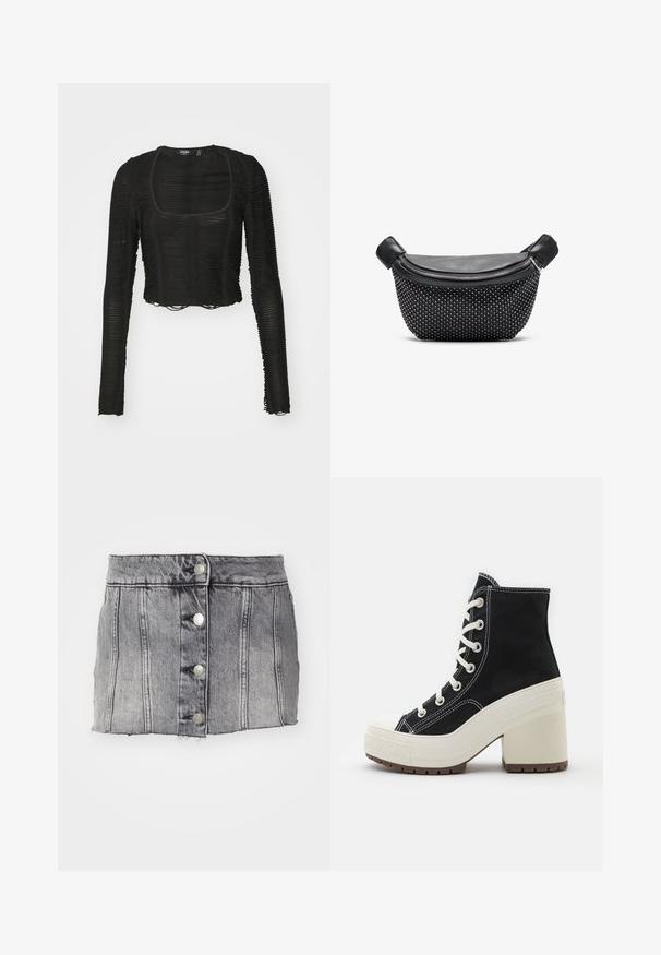 Haut court à manches longues noir avec un décolleté carré, présentant un design texturé en côtes et des détails à l'ourlet brut. Tissu transparent et léger.; Jupe en denim gris à taille haute, avec cinq boutons en argent, des coutures verticales et un ourlet brut. A une silhouette ajustée et une texture douce.; Bottines montantes noires avec lacets blancs, en tissu texturé, semelle plateforme crème et talon carré. Comprend des coutures blanches et un embout en caoutchouc.; Sac à main noir avec un dessus en cuir lisse et une base texturée couverte de clous argentés, avec une fermeture à glissière et des poignées doubles.