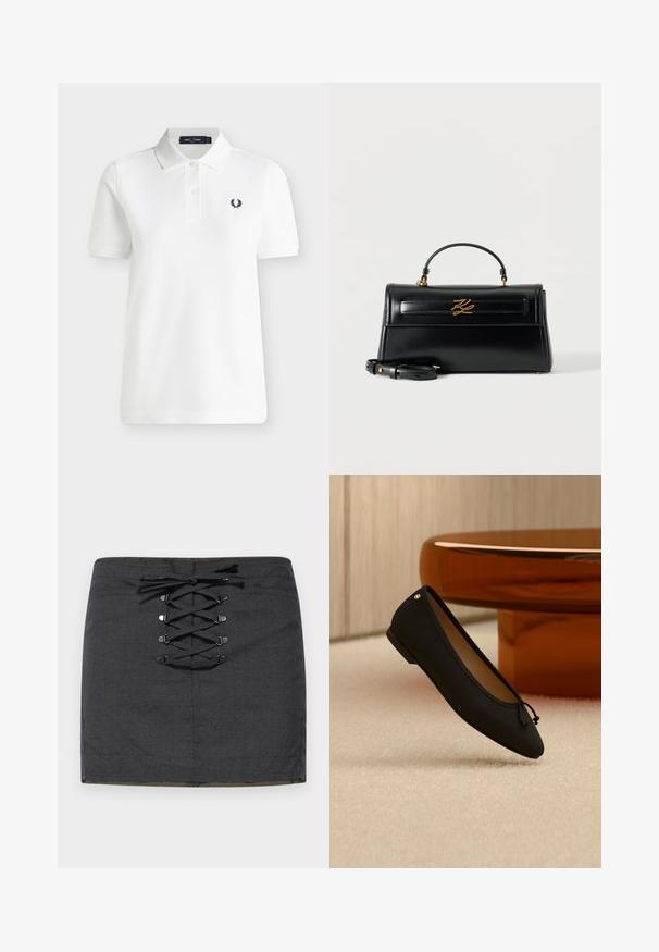 Hvid polo t-shirt med korte ærmer med to knapper og et lille sort laurbærkranslogo på venstre bryst.; Mørkegrå mini nederdel med snøredetalje foran og metallhardware. Glat tekstur, tætsiddende pasform og mid-rise talje.; Enkelt sort balletsko med lille sløjfe og gulddetalje, placeret på beige tæppe nær et rundt bord i ravfarve.; Sort læderhåndtaske med tophåndtag, aftagelig skulderrem og guldfarvet dekorativt logo på frontklappen.