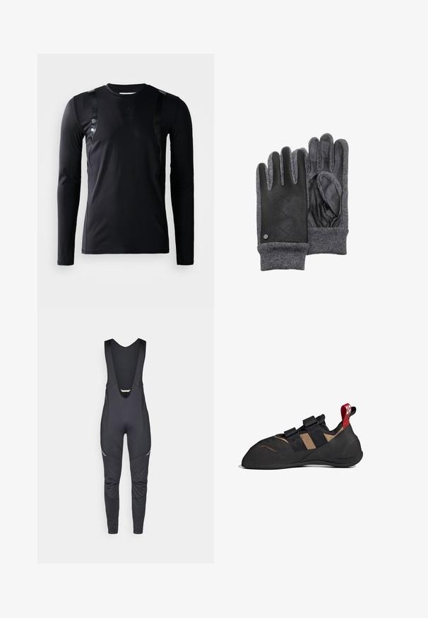 Sort langærmet træningsskjorte lavet af glat, strækbart stof. Har glansfulde sorte detaljer på skuldrene og et Adidas-logo på brystet.; Vaude MENS MATERA WARM - Bib-leggings - black; Klatresko med en sort og brun syntetisk overdel, der har to velcro-stropper, en gummisål og en rød løftestrop ved hælen.; Læder- og grå strikkede handsker med en tekstureret sort læderpalme, ribbede manchetter og diamantmønsterdetaljer på bagsiden.