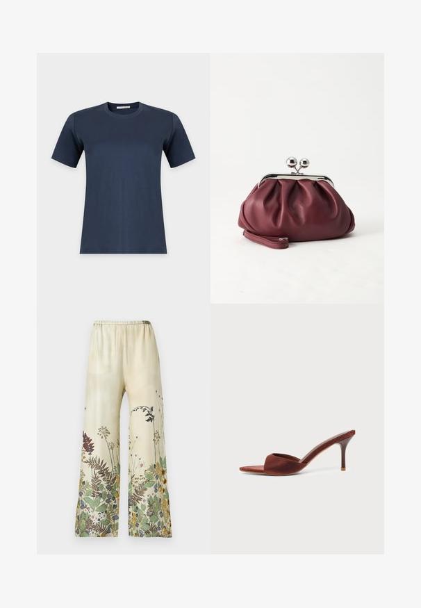 T-shirt bleu marine uni à manches courtes et col rond, présenté sur fond blanc.; Pantalon à jambes larges en tissu léger, avec un fond beige orné d'imprimés botaniques multicolores en vert, rouge et jaune. Taille élastique.; Mule en daim marron à talon haut avec bout pointu et talon aiguille fin sur fond clair uni.; Petit sac pochette en cuir bordeaux avec fermoir métallique argenté et bracelet sur fond blanc.