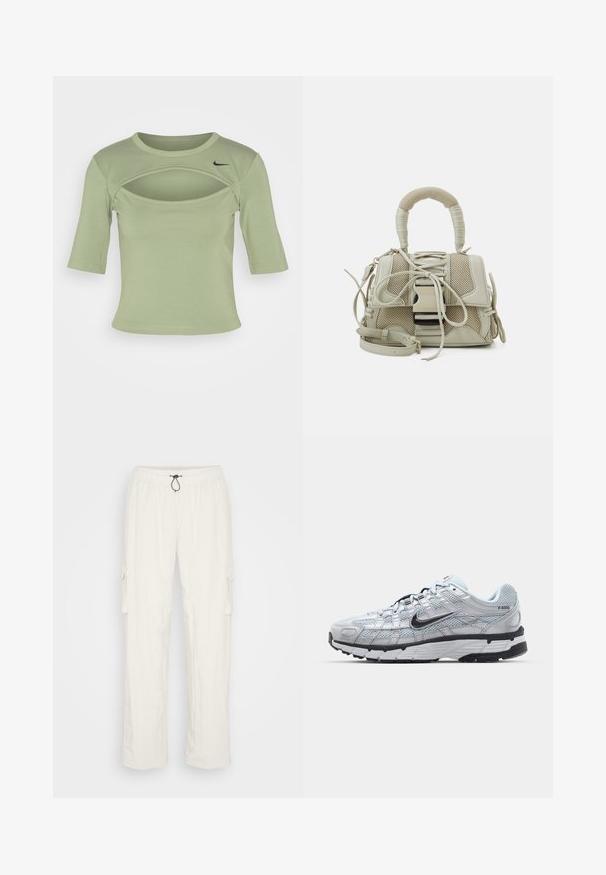 Nike Sportswear CUTOUT - Tričko s potlačou - oil green/black; Biele cargo nohavice s elastickým pásom, sťahovaním na šnúrku a bočnými vreckami. Mäkká textúra a voľný strih so rovnými nohavicami.; Tenisky Nike P-6000 s vrchným materiálom z jemnej šedej sieťoviny, čiernymi akcentmi a odolnou čiernou gumovou podrážkou. Obsahujú jemný dizajn a systém šnurovania.; Bežová kabelka s textúrovaným sieťovým dizajnom, štruktúrovaným tvarom, horným uchom a odnímateľným popruhom; obsahuje šnurovacie detaily a kovové akcenty.