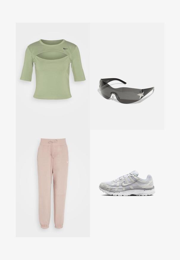 Nike Sportswear CUTOUT - Apdrukāts T-krekls - oil green/black; Nike Sportswear W PHNX FLC HR OS - Treniņtērpa apakšdaļas - diffused taupe/sail; Gai pelēki sporta apavi ar sietiņa un sintētisku augšdaļu, ar auklām, mīkstu apkakli un strukturētu zoli saķerei.; Melnas saulesbrilles ar apjozošu dizainu, tumši tonētām lēcām, spīdīgiem zvaigznes formas akcentiem un regulējamiem deguna spilventiņiem.