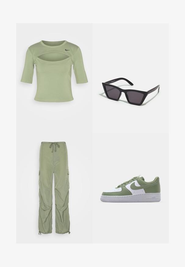 Nike Sportswear CUTOUT - Tričko s potlačou - oil green/black; Monki Kapsáče - green; Nike Air Force 1 tenisky v zeleno-bielej koži. Nízkoprofilový dizajn, okrúhla špička, textúrovaná gumová podrážka a výrazný detail loga Swoosh.; Čierne, ostré slnečné okuliare so sivými sklami; vyrobené z plastu, majú hrubé ramená s hladkým povrchom a bez viditeľnej mechaniky.