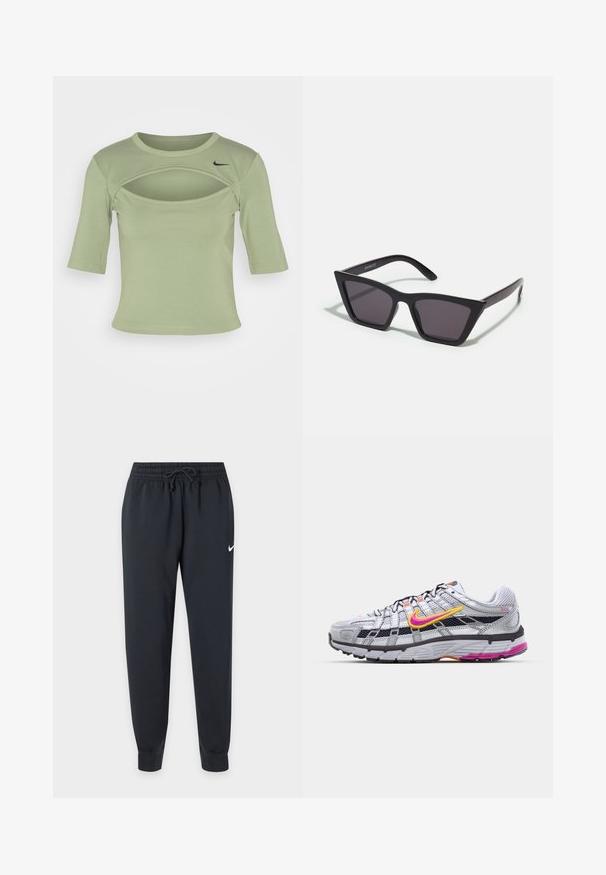 Nike Sportswear CUTOUT - Tricou cu imprimeu - oil green/black; Pantaloni sport negri Nike cu talie elastică și șnur, picioare conice, manșete la glezne și mic logo alb Nike pe coapsa dreaptă.; Pantofii de alergare gri din plasă, cu un swoosh distinctiv roz și galben, accente negre și o talpă din cauciuc texturat. Include vârf întărit și guler căptușit.; Ochelari de soare negri, unghiulari, cu lentile gri; fabricați din plastic, având brațe groase cu o suprafață netedă și fără hardware vizibil.