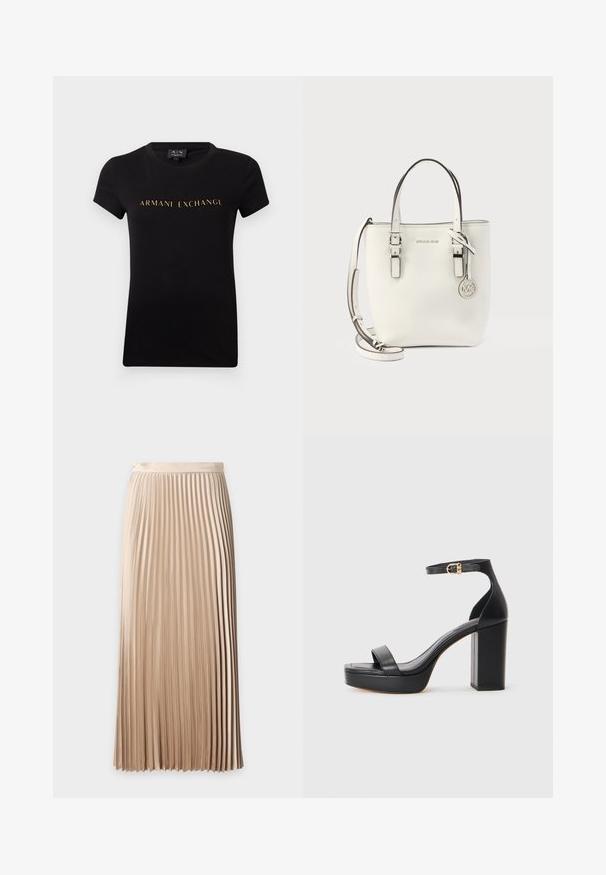 Zwarte T-shirt met korte mouwen en ronde hals met 'ARMANI EXCHANGE' in gouden letters centraal op de voorkant.; Beige geplooide midirok met hoge taille, een gladde tailleband en gelijkmatig verdeelde smalle verticale plooien.; Zwarte platform sandalen met een dikke blokhak, van glad leer, open teen ontwerp en een enkelband met een gouden gesp accent.; Witte leren handtas van Michael Kors met dubbele handvatten, verstelbare schouderriem en ronde metalen MK-logo hanger.