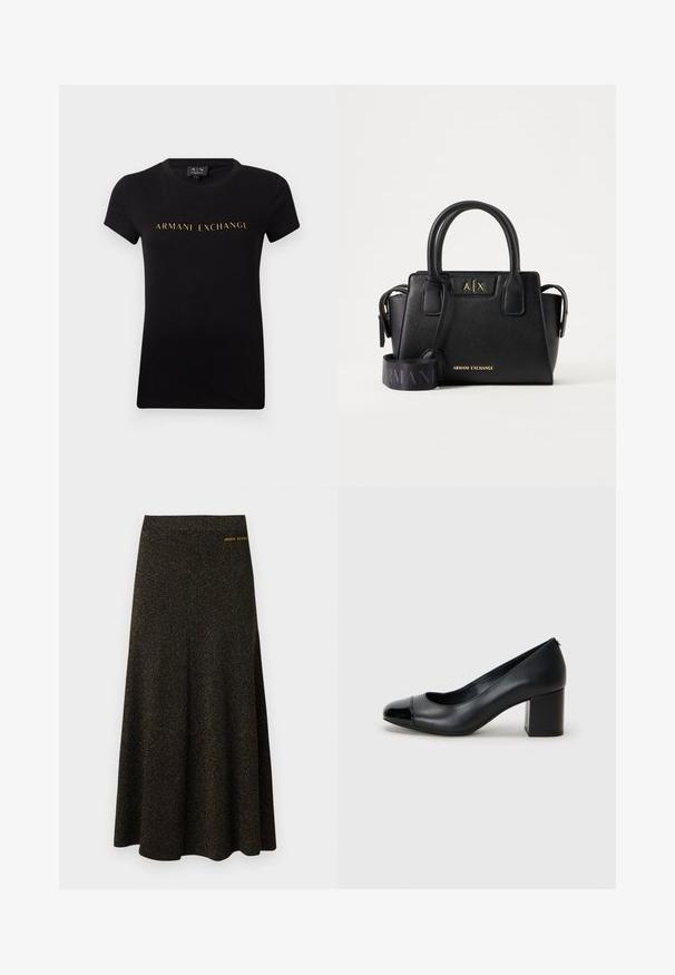 T-shirt noir à manches courtes et col rond avec l'inscription « ARMANI EXCHANGE » en lettres dorées centrée sur le devant.; Jupe midi noire en ligne A avec un subtil éclat doré et un petit logo doré "Armani Exchange" près de la taille côté droit.; Escarpin en cuir noir avec un capuchon de pied brillant et un talon épais. Texture lisse et design arrondi avec une ouverture subtile à l'avant.; Sac à main noir Armani Exchange avec doubles poignées, logo de marque doré sur le devant et une large bandoulière noire réglable avec le texte Armani.