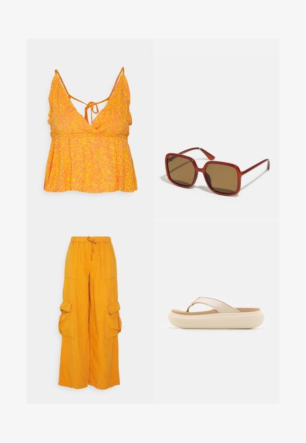 Vero Moda VMMENNY SMOCK SINGLET - Top - georgia peach/melin; BDG Urban Outfitters BDG LUCA - Cargobukser - orange; Beige flip-flop sandal med en bred tåstrop og en tyk, rund sål. Har et glat overmateriale og en kontrasterende brun fodseng.; Røde firkantede solbriller med brune tonede linser. Tykk, blank ramme og smalle stænger med små detaljer på siden for visuel interesse.
