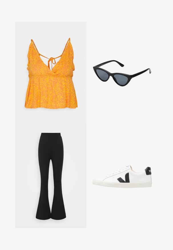 Vero Moda VMMENNY SMOCK SINGLET - Top - georgia peach/melin; Sorte flared bukser lavet af et strækbart stof. Designet har en høj talje og en flared nedre kant, der åbner sig under knæet.; Hvide sneakers med et sort V-logo, der har en glat læderoverdel, rund tå, snørrelukning og en kontrasterende sort hælflap.; Sorte katteøje solbriller med mørkegrå linser, slankt plastisk stel, spidse hjørner og lige stænger. Ingen synlig hardware eller dekorationer.