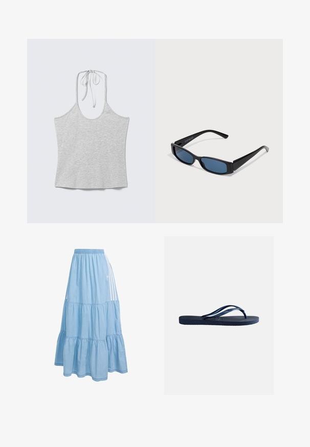 Svetlosivý bezrukávový halter top s viazaním na krku, položený na bielom pozadí.; Svetlomodrá viacvrstvová maxi sukňa s elastickým pásom a bielym detailom s tromi pruhmi na boku, s malým logom pri pruhoch.; Tmavomodré gumové žabky s textúrovanou podrážkou a Y-tvarovanými remienkami, izolované na jednoduchom svetlosivom pozadí.; Čierne slnečné okuliare s elegantným obdĺžnikovým rámom a modrými sklami. Majú hladký povrch a robustné ramienka. Na strane je logo značky.