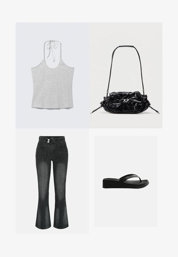 Hellgraues ärmelloses Neckholder-Top mit Bindeband am Hals, flach auf einem weißen Hintergrund liegend.; Schwarze gewaschene Denim-Jeans mit hoher Taille, Doppelknopfverschluss, Vordertaschen und leicht ausgestellten Beinen.; Schwarze Keilabsatz-Zehensandale mit strukturierter Innensohle und dünnen Riemen mit dezentem Markenlogo auf schlichtem weißem Hintergrund.; Schwarze Lederhandtasche mit gerafftem Design und Schleifendetail auf der Vorderseite. Verfügt über einen kurzen Griff und silberne Hardware-Akzente.