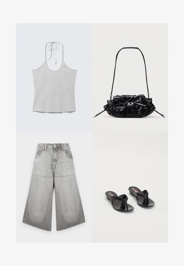 Hellgraues ärmelloses Neckholder-Top mit Bindeband am Hals, flach auf einem weißen Hintergrund liegend.; Graue Denim-Shorts mit weitem Bein und hoher Taille, ausgestattet mit einem Knopf- und Reißverschluss, Gürtelschlaufen, zwei Fronttaschen und einem verwaschenen Finish.; Melissa QUANTUM THONG X DIESEL - Zehentrenner - black; Schwarze Lederhandtasche mit gerafftem Design und Schleifendetail auf der Vorderseite. Verfügt über einen kurzen Griff und silberne Hardware-Akzente.