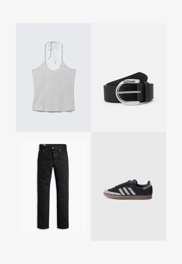 Lys grå ærmeløs haltertop med bindebånd i nakken, lagt fladt på en hvid baggrund.; Sorte denimjeans med lige pasform, fem lomme-design og knaplukning. Har kobbernitter og syningsdetaljer.; Sort sneaker med glitrende sølvdetaljer og tre hvide striber. Har en lavt skåret model, tekstureret overdel og brun gummisål.; Sorte læderbælte med en sølvfarvet metalspænde, der har en glat tekstur og et klassisk design. Remmen er 3,8 cm bred.