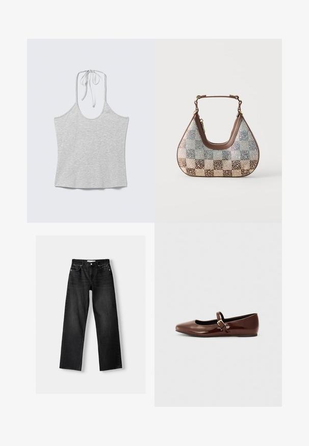 Lichtgrijs mouwloos haltertop met een strik bij de hals, plat gelegd tegen een witte achtergrond.; Bershka Straight leg jeans - mottled dark grey; Bruine gepatineerde leren balletschoen met een vierkante neus en een bandje met een kleine gouden gesp. Gladde textuur, lage hak en minimalistisch ontwerp.; Kleine bruine leren handtas met een korte hengsel, bedekt met glinsterende strass-steentjes op een beige en bruin geruit stof.