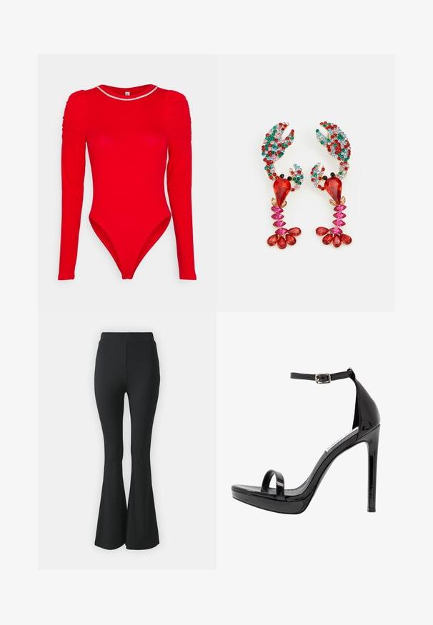 ONLY Petite ONLZALA BODYSTOCKING PUFF - Langærmet T-shirt - high risk red; Sorte buks med flared design lavet af strækbart stof. Har en høj talje og et glat, tætsiddende design, der flared ud fra knæet og ned.; Steve Madden MILANO - Højhælede sandaletter / Højhælede sandaler - black; Røde og lyserøde øreringe formet som hummer med multifarvede rhinsten. Intrikat design med forskellige ædelsten i forskellige former og størrelser samt metal accenter.