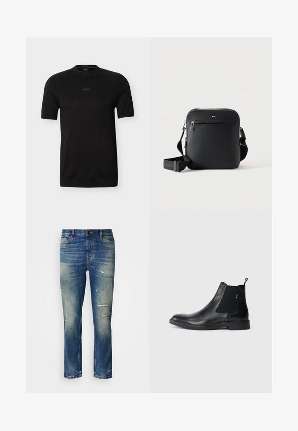 Zwart T-shirt met korte mouwen en ronde hals, met een subtiel "BOSS"-logo in het midden van de borst, gemaakt van fijn gebreide stof.; Lichtblauwe denim jeans met een relaxte pasvorm, voorzien van versleten details, vervaagde patches en een klassieke knoop- en ritsluiting.; Zwarte leren Chelsea-boots met elastische zijpanelen, een treklipje en een vlakke rubberen zool. Gladde textuur met minimale details.; Zwarte leren crossbodytas met voorvak met rits en verstelbare band op een effen witte achtergrond.