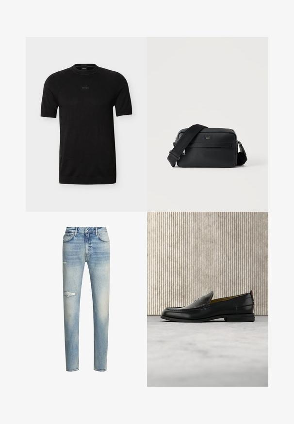 Camiseta negra de manga corta con cuello redondo y logo sutil "BOSS" centrado en el pecho, fabricada con tejido de punto fino.; Jeans de mezclilla azul claro avec un acabado desgastado, detalle de rodilla rasgada, corte recto y estilo de cinco bolsillos. Incluye presillas para el cinturón clásicas.; Mocasín de cuero negro para hombre con empeine grabado en relieve de cocodrilo y tacón bajo, mostrado de perfil sobre un fondo neutro.; Bolso bandolera negro de cuero texturizado con bolsillo frontal con cremallera y correa de hombro ancha de tela ajustable sobre fondo blanco.