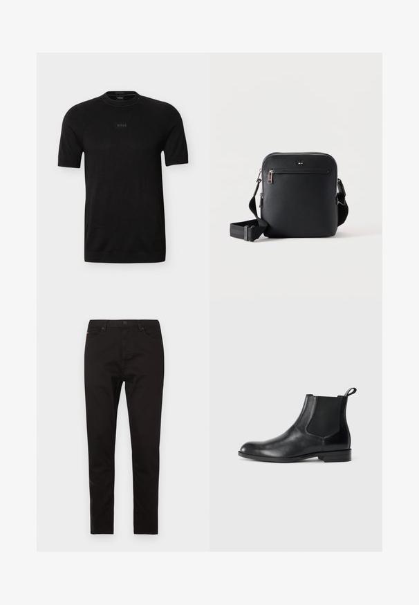 T-shirt noir à manches courtes avec col rond, logo "BOSS" subtil centré sur la poitrine, en tissu fin tricoté.; Pantalon noir en tissu mélange de coton. Coupe slim avec design à cinq poches, doté d'une fermeture à bouton et zip sur le devant.; Bottine en cuir noir avec des panneaux latéraux élastiques, bout rond et tirette. Texture lisse, semelle plate, design minimaliste.; Sac bandoulière en cuir noir avec poche zippée à l'avant et bandoulière réglable sur fond blanc uni.