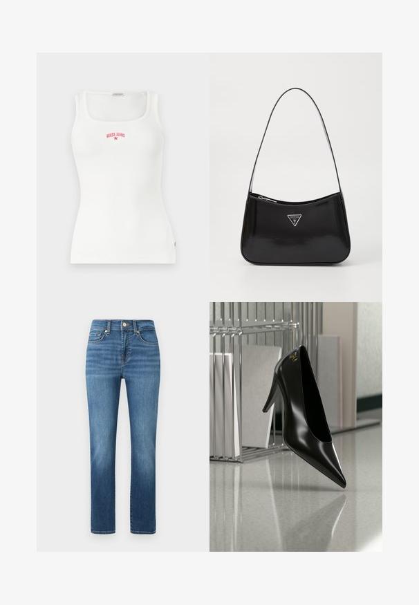 Hvid, ribstrikket, ærmeløs tanktop med firkantet udskæring og rød "GUESS JEANS" tekst samt stjerne-logo på brystet.; Mellemblå jeans med lige ben design, med knaplukning, fem lommer og let falmede mønstre på stoffet.; Sort højhælet sko med spids tå og guldlogo, placeret på en reflekterende overflade nær en krom trådfilholder med dokumenter.; Sort patenteret læder skuldertaske med en buet form, prydet med et sølvfarvet trekantet logo og en lynlås-lukning. Glat tekstur og slank rem.