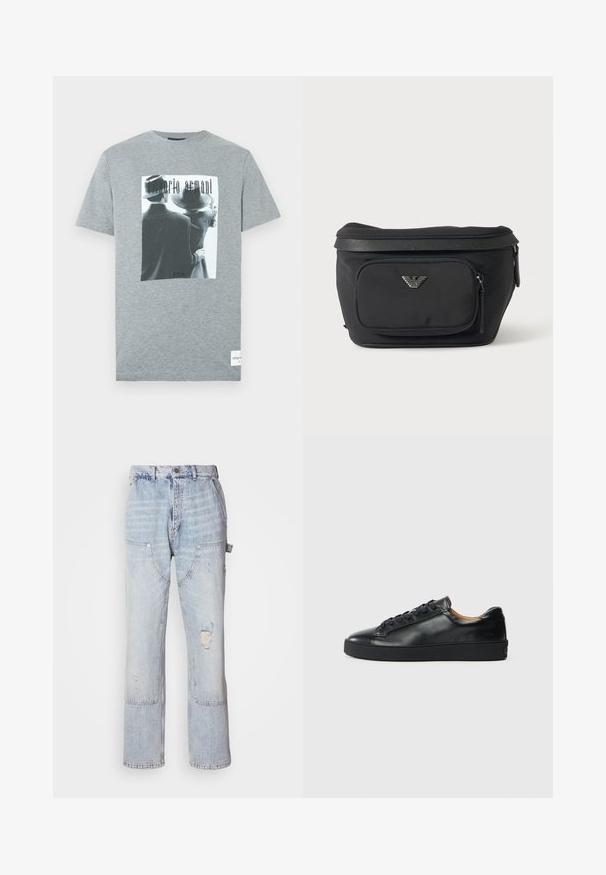 Graues Baumwoll-T-Shirt mit einem schwarz-weißen Grafikdruck von zwei Personen und dem Text "emporio armani" in stilisierter Schrift.; Hellblaue Denim-Carpenter-Jeans mit mehreren Taschen, einem vorderen Knopf, Reißverschlussverschluss und Distressed-Details am rechten Oberschenkel.; Schwarze Leder-Sneaker mit glatter Textur, runder Zehenpartie und Schnürverschluss. Verfügt über eine dicke Gummisohle und minimalistische Marken-Details.; Schwarze Bauchtasche mit Frontreißverschlusstasche und silbernem Adlerlogo, glattes Gewebe mit strukturiertem Besatz und Reißverschlussanhängern.