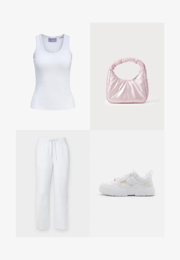 Weißes geripptes ärmelloses Tanktop mit rundem Ausschnitt und JJXX Markenetikett im Kragen, Größe Small.; Hellblaue Schlafanzughose mit strukturiertem Muster, elastischem Bund und Kordelzug. Gerader Schnitt, leichtes Material.; Weiße Sneakers mit chunky Design, gefertigt aus Leder und synthetischen Materialien, mit strukturierten Details, Schnürsenkeln und einem auffälligen Logo in Gold.; Rosa, gepolsterte Handtasche mit abgerundeter Form, aus glänzendem Material gefertigt. Verfügt über einen gerafften Griff und einen Reißverschluss für sicheren Zugang.