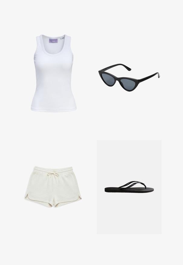 Débardeur blanc côtelé sans manches avec encolure ronde et étiquette de marque JJXX à l'intérieur du col, taille small.; Shorts beige clair en tissu doux, dotés d'une ceinture élastique avec cordon de serrage, fentes latérales et détails subtils de couture.; Sandale tong en caoutchouc noir avec semelle texturée et fines brides en Y sur un fond blanc uni.; Lunettes de soleil noires en forme d'œil de chat avec des verres gris foncé, monture en plastique élégante, coins pointus et branches droites. Pas de métal visible ni d'accents.