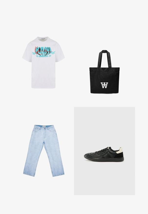 Weißes Baumwoll-T-Shirt mit einem türkisfarbenen und roten Grafikdesign, umgeben von hellblauen Sternen. Kurze Ärmel, lockere Passform.; Hellblaue Jeans mit hoher Taille und geradem Bein, vorne Taschen, Gürtelschlaufen, Knopfverschluss und einem gebrandeten Innenetikett am Bund.; ALDO THEPITCH - Sneaker low - black; Schwarze Stofftragetasche mit zwei stabilen Griffen; verfügt über ein auffälliges weißes Logo auf der Vorderseite; rechteckige Form mit minimalistischem Design.