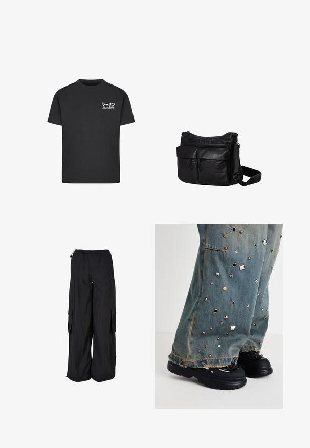 Schwarzes Baumwoll-T-Shirt mit Rundhalsausschnitt. Mit weißem Text, einschließlich japanischer Schriftzeichen und "Slurp Away", auf der linken Brustseite.; Schwarze Cargo-Hose mit weitem Bein, elastischem Bund, seitlichen Klappentaschen und verstellbaren Kordeln an Bund und Saum.; Jeans im Schlagstil mit metallischen Nieten und Ösen. Ausgefranster Saum und sichtbare Taschen. Getragen mit klobigen schwarzen Schuhen mit Stacheln.; Schwarze Umhängetasche aus strapazierfähigem Material, mit einem Hauptzipperfach, zwei Vorderfächern, verstellbarem Tragegurt und dezentem Branding.