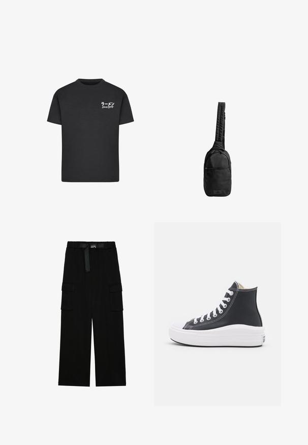 Sort bomulds T-shirt med rund hals. Har hvid tekst, inklusive japanske tegn og "Slurp Away," på venstre brystområde.; Sorte cargo bukser med vidde ben, elastisk talje med bælte og to store sidelommer til opbevaring.; Sorte høje sneakers med hvide snørebånd og gummisål. Har en glat læderstruktur og hvide stikninger.; Sort sling-ting med tekstureret stof, med en enkelt polstret rem, frontlomme med lynlås og logo-patch på bunden.