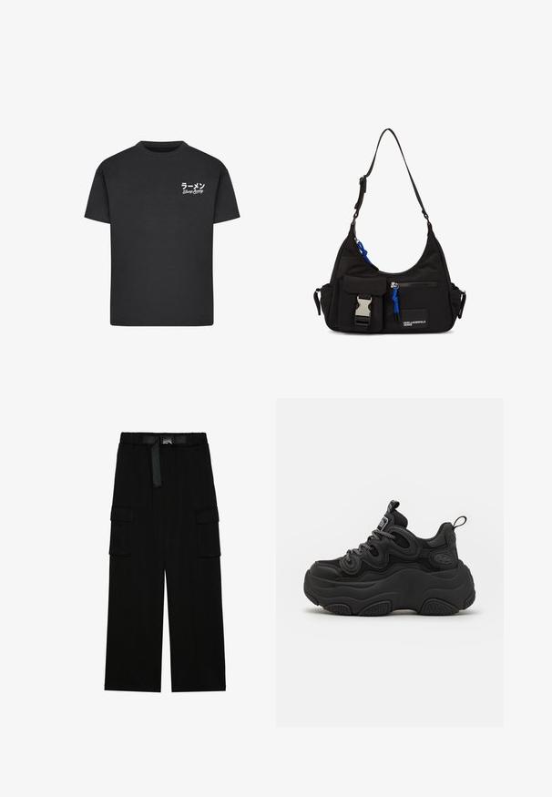 Camiseta de algodón negra con cuello redondo. Presenta texto en blanco, incluyendo caracteres japoneses y "Slurp Away", en el área del pecho izquierdo.; Pantalones cargo negros con un diseño de pierna ancha, cinturilla elástica con un cinturón y dos grandes bolsillos laterales para almacenamiento.; Zapatilla negra con un diseño voluminoso, que presenta una parte superior texturizada, paneles de malla y una suela de goma gruesa. Cuerdas reflectantes y detalles de marca visibles.; Bolso de hombro negro de nylon con forma curvada, correa ajustable, bolsillo frontal con cierre, acento azul y detalle de logo.