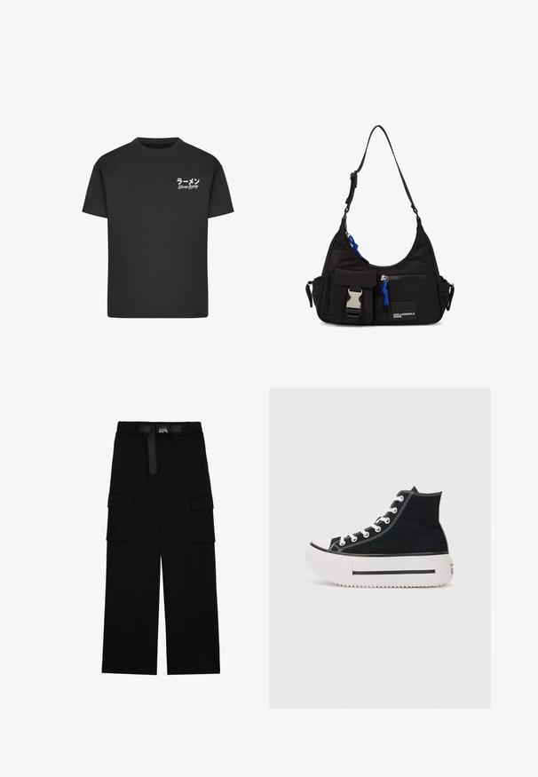 Sort bomulds T-shirt med rund hals. Har hvid tekst, inklusive japanske tegn og "Slurp Away," på venstre brystområde.; Sorte cargo bukser med vidde ben, elastisk talje med bælte og to store sidelommer til opbevaring.; Sort højtop sneakers lavet af canvas, med hvide syninger, gummitåhætte, tyk hvid platformssål og sorte stribe detaljer.; Sort nylon skuldertaske med en buet form, justerbar strop, for- lomme med klap, blå detaljer og logo.