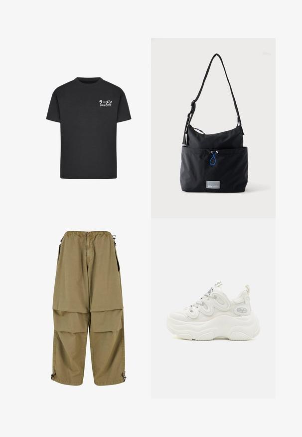 Sort bomulds T-shirt med rund hals. Har hvid tekst, inklusive japanske tegn og "Slurp Away," på venstre brystområde.; Beige cargo bukser med elastisk talje, store forlommer og justerbare manchetter. Lavet af letvægtsmateriale med en glat tekstur.; Hvide chunky sneakers med overdel i mesh og syntetisk materiale, buet form, tekstureret sål og fremtrædende snøresystem med logo detaljer.; Sort stoff skuldertaske med justerbar rem, forlommer med blå snor og lille rektangulært logo patch nederst.