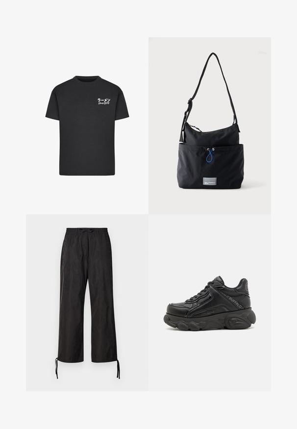 Schwarzes Baumwoll-T-Shirt mit Rundhalsausschnitt. Mit weißem Text, einschließlich japanischer Schriftzeichen und "Slurp Away", auf der linken Brustseite.; Schwarze, locker sitzende Hosen mit einem elastischen Bund und verstellbaren Kordeln an den Knöcheln. Glattes Gewebe mit einem dezenten Glanz.; Schwarzer klobiger Plateau-Sneaker mit strukturierter Sohle, Schnürung vorne und gebrandeten Details an der Seite und Ferse.; Schwarze Stoff-Schultertasche mit verstellbarem Riemen, Vordertasche mit blauem Kordelzug und kleinem rechteckigem Logo-Patch an der Unterseite.