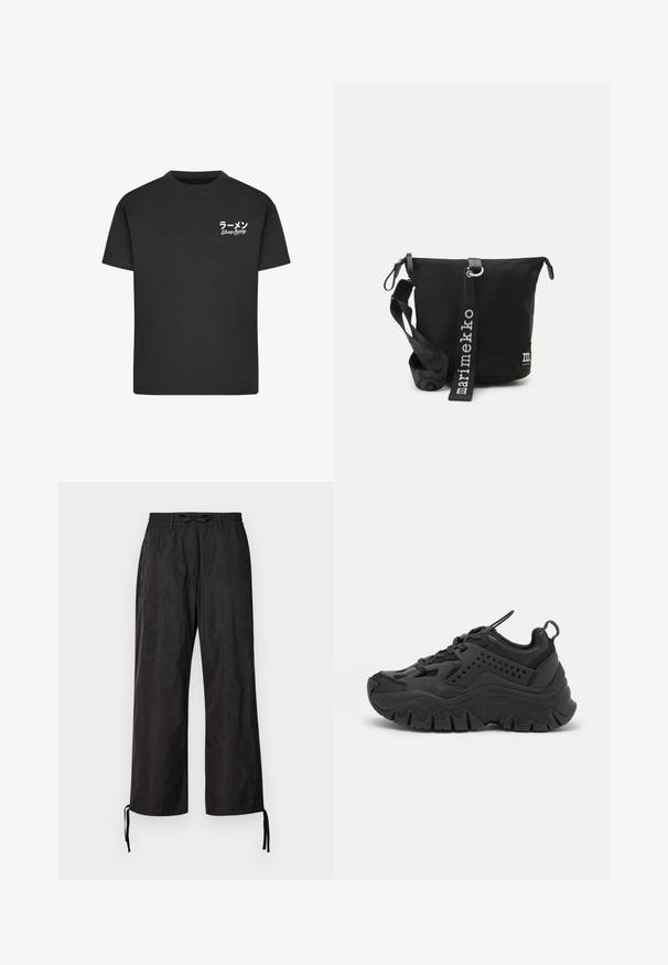 Sort bomulds T-shirt med rund hals. Har hvid tekst, inklusive japanske tegn og "Slurp Away," på venstre brystområde.; Sorte, løstsiddende bukser med elastisk talje og justerbare snøringer ved anklerne. Glat stof med en subtil glans.; Sorte atletiske sko med en kraftig sål, glat syntetisk overdel, perforerede detaljer og en rund tå. Har snørebåndslukning og en løkke.; Sort nylon skuldertaske med lynlåslukning, tekstureret rem med et mønster og logoetiket på forsiden. Justerbar rem inkluderet.