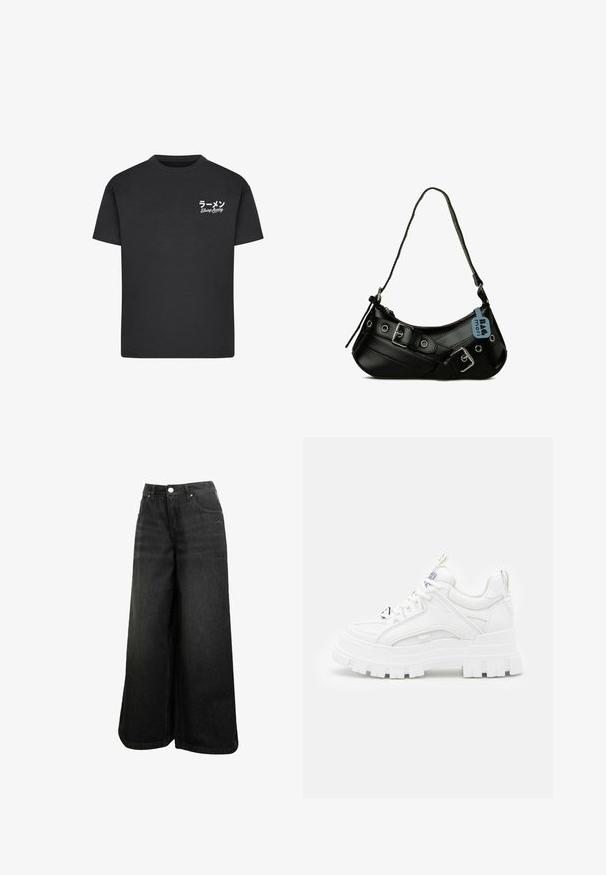 Schwarzes Baumwoll-T-Shirt mit Rundhalsausschnitt. Mit weißem Text, einschließlich japanischer Schriftzeichen und "Slurp Away", auf der linken Brustseite.; Schwarze weit geschnittene Jeans mit hoher Taille, Frontknopf, Taschen und dezentem Logo auf der Vorder-Tasche.; Weiße klobige Sneakers mit einer strukturierten Oberseite, gepolstertem Schaft und dicker, gerippter Sohle. Verfügt über kontrastierende schwarze Schnürsenkel und Branding-Details.; Schwarze synthetische Handtasche mit geschwungener Form, verstellbarem Riemen und dekorativen Metall-Schnallen. Besitzt eine glatte, glänzende Textur.