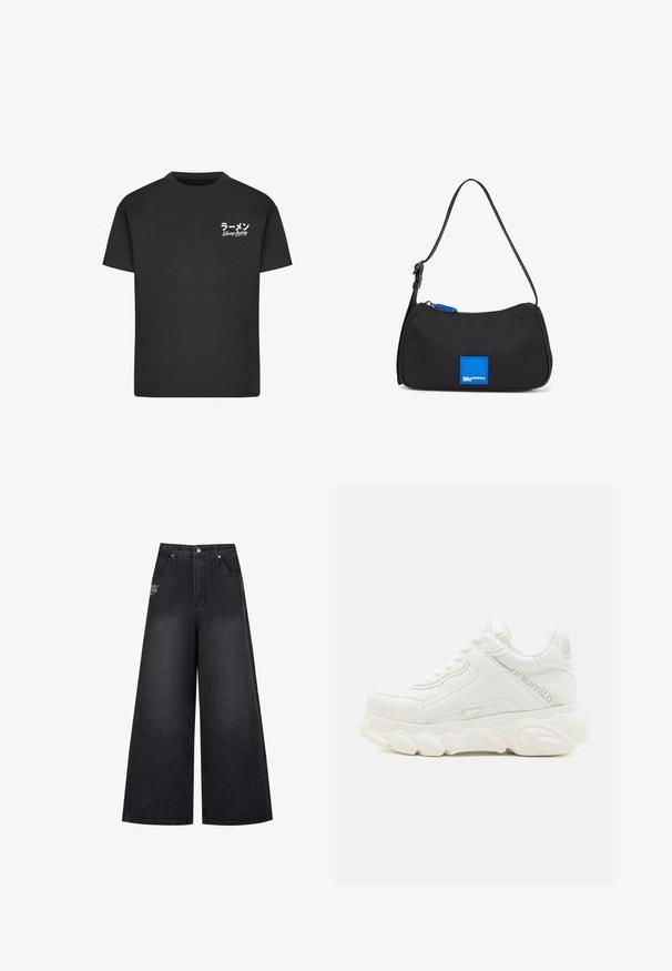 Schwarzes Baumwoll-T-Shirt mit Rundhalsausschnitt. Mit weißem Text, einschließlich japanischer Schriftzeichen und "Slurp Away", auf der linken Brustseite.; Schwarze Denim-Hosen mit weitem Bein und hoher Taille, die dezente Stickdetails und ein kleines Logo auf der linken vorderen Tasche aufweisen.; Weißer klobiger Sneaker mit dicker Sohle, Schnürdesign und "Buffalo" Branding an der Seite und Ferse.; Schwarze Nylon-Schultertasche mit Reißverschluss, ausgestattet mit einem blauen quadratischen Akzent und verstellbarem Tragegurt. Glatte Textur, minimalistisches Design.