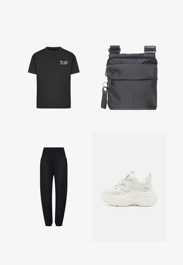 T-shirt noir en coton avec un col rond. Présente du texte blanc, y compris des caractères japonais et les mots "Slurp Away" sur la zone gauche de la poitrine.; Pantalon noir taille haute avec ceinture smockée et poignets élastiques froncés, coupe ample aux hanches et jambes fuselées.; Baskets blanches chunky avec une tige en mesh et synthétique, forme incurvée, semelle texturée et système de laçage proéminent avec des détails de logo.; Mandarina Duck CROSSOVER - Sac bandoulière - dark blue denim