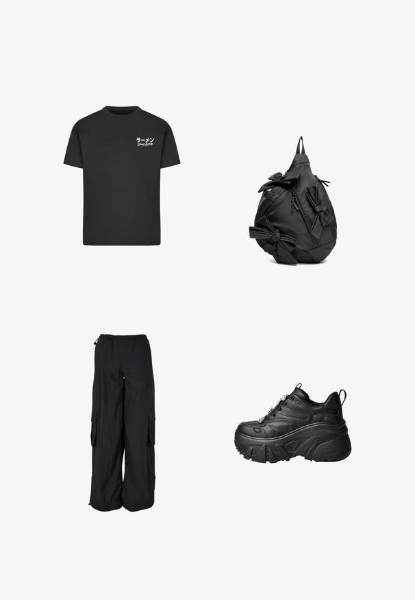 Sort bomulds T-shirt med rund hals. Har hvid tekst, inklusive japanske tegn og "Slurp Away," på venstre brystområde.; Svarte cargobukser med vidde ben, elastisk talje, sidelommer med klap og justerbare snore i talje og forneden.; Sorte plateau sneakers med en buet form, tekstureret læder, tyk gummisål og dekorativ hardware på snørerne.; Sort rygsæk formet som en dråbe med tre store stofsløjfer og flere lynlåskompartments.
