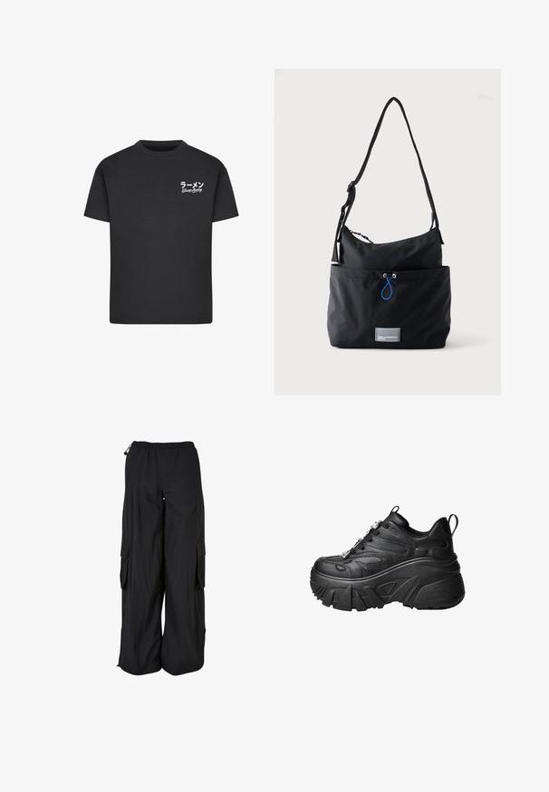 T-shirt noir en coton avec un col rond. Présente du texte blanc, y compris des caractères japonais et les mots "Slurp Away" sur la zone gauche de la poitrine.; Pantalon cargo noir à jambes larges avec ceinture élastique, poches latérales à rabat et cordons réglables à la taille et à l'ourlet.; Baskets à plateforme noires avec une forme incurvée, en cuir texturé, semelle en caoutchouc épaisse et éléments décoratifs sur les lacets.; Sac d'épaule en tissu noir avec sangle réglable, poche avant avec cordon bleu et petite étiquette logo rectangulaire à la base.