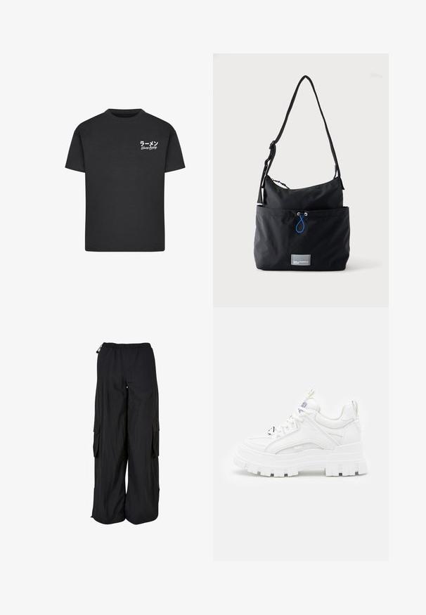 T-shirt noir en coton avec un col rond. Présente du texte blanc, y compris des caractères japonais et les mots "Slurp Away" sur la zone gauche de la poitrine.; Pantalon cargo noir à jambes larges avec ceinture élastique, poches latérales à rabat et cordons réglables à la taille et à l'ourlet.; Baskets blanches chunky avec une tige texturée, un col rembourré et une semelle épaisse à stries. Présente des lacets noirs contrastants et un détail de marque.; Sac d'épaule en tissu noir avec sangle réglable, poche avant avec cordon bleu et petite étiquette logo rectangulaire à la base.