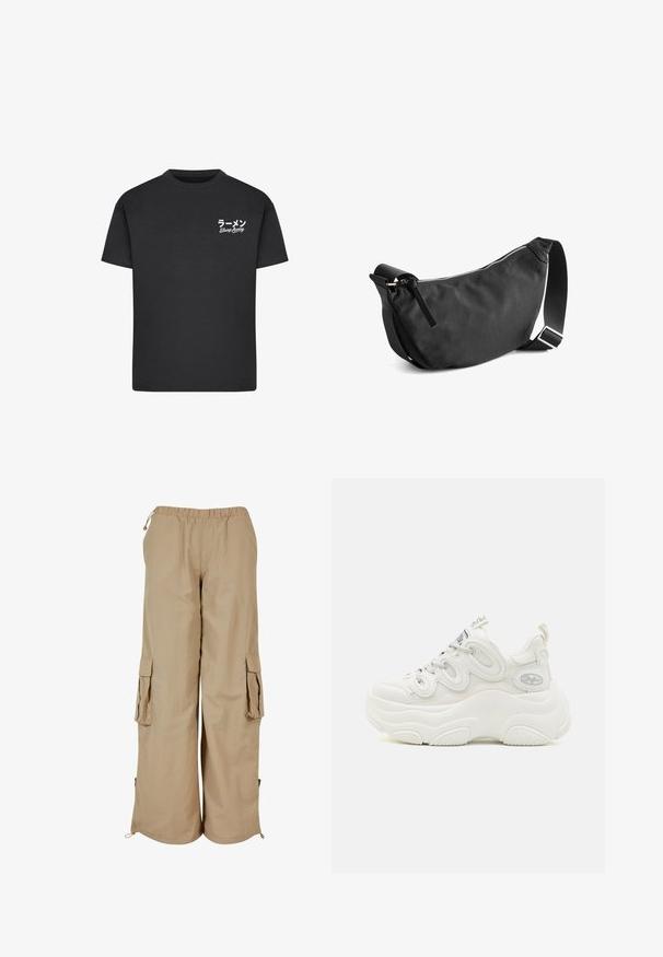 Sort bomulds T-shirt med rund hals. Har hvid tekst, inklusive japanske tegn og "Slurp Away," på venstre brystområde.; Beige cargo bukser med elastisk talje, to sidelommer og mesh-detaljer; fremstillet af letvægts, tekstureret stof.; Hvide chunky sneakers med overdel i mesh og syntetisk materiale, buet form, tekstureret sål og fremtrædende snøresystem med logo detaljer.; Sort stof skuldertas med en buet form, lynlås og justerbar rem. Har en glat overflade og minimalistisk design.