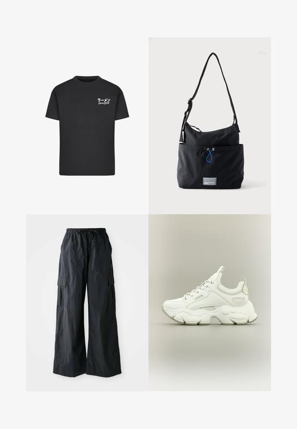 T-shirt noir en coton avec un col rond. Présente du texte blanc, y compris des caractères japonais et les mots "Slurp Away" sur la zone gauche de la poitrine.; Pantalons cargo noirs en tissu léger, avec une coupe large, une taille élastique et plusieurs poches latérales. Simples et fonctionnels.; Baskets blanches épaisses avec semelle épaisse texturée, dessus en mesh et cuir, fermeture à lacets et languettes sur la languette et le talon.; Sac d'épaule en tissu noir avec sangle réglable, poche avant avec cordon bleu et petite étiquette logo rectangulaire à la base.