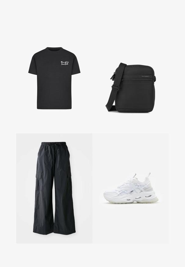 Camiseta de algodón negra con cuello redondo. Presenta texto en blanco, incluyendo caracteres japoneses y "Slurp Away", en el área del pecho izquierdo.; Pantalones cargo negros hechos de una tela ligera, con un diseño de pierna ancha, cinturilla elástica y múltiples bolsillos laterales. Sencillos y funcionales.; Zapatilla blanca con suela gruesa, parte superior de malla y sintético en capas, con acentos estampados, sistema de cordones y tira de agarre.; Bolso bandolera negro compacto con correa ajustable, bolsillo delantero con cremallera y el logo de Hedgren en superficie de tela lisa.