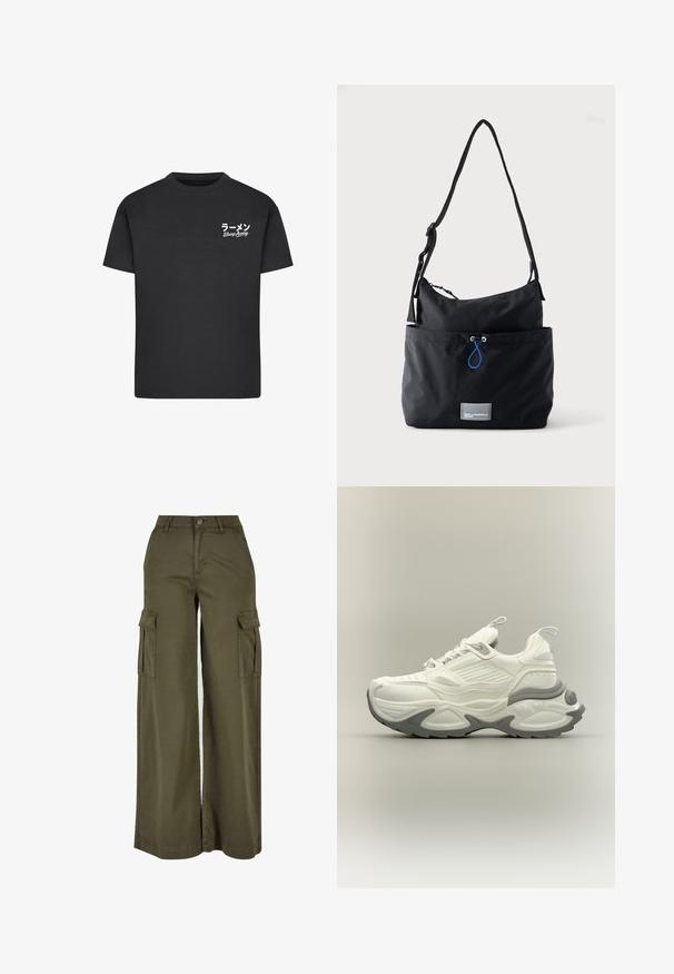 Zwarte katoenen t-shirt met een ronde hals. Bevat witte tekst, waaronder Japanse karakters en "Slurp Away", op de linkerborst.; Olijfgroene wijde cargobroek met twee zijzakken, gemaakt van een zachte, duurzame stof. Voorzien van gedetailleerde stiksels en een knoopsluiting.; Witte en grijze chunky sneaker met een gestructureerde zool, treklussen op de tong en hiel, en een gedetailleerd paneelontwerp op het bovenwerk.; Zwarte stoffen schoudertas met verstelbare band, voorvak met blauwe trekkoord en kleine rechthoekige logopatch aan de onderkant.
