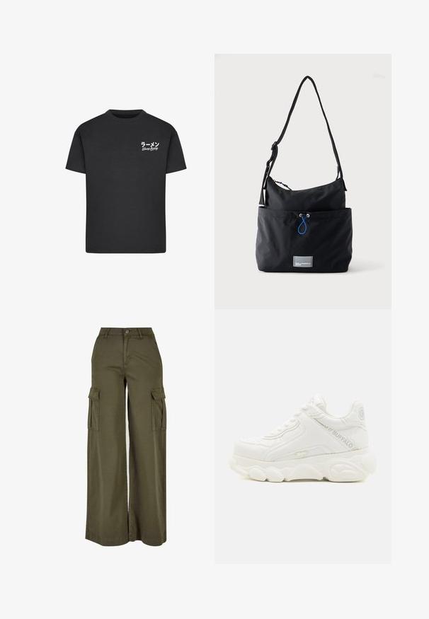 Zwarte katoenen t-shirt met een ronde hals. Bevat witte tekst, waaronder Japanse karakters en "Slurp Away", op de linkerborst.; Olijfgroene wijde cargobroek met twee zijzakken, gemaakt van een zachte, duurzame stof. Voorzien van gedetailleerde stiksels en een knoopsluiting.; Witte chunky sneaker met dikke zool, vetersluiting en "Buffalo"-branding op de zijkant en hiel.; Zwarte stoffen schoudertas met verstelbare band, voorvak met blauwe trekkoord en kleine rechthoekige logopatch aan de onderkant.