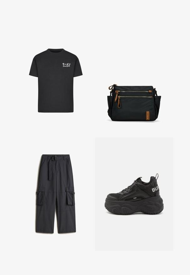 Camiseta de algodón negra con cuello redondo. Presenta texto en blanco, incluyendo caracteres japoneses y "Slurp Away", en el área del pecho izquierdo.; Pantalones cargo de un gris oscuro, hechos de una tela ligera, que cuentan con un cinturón de hebilla redonda, dos bolsillos laterales y dos bolsillos cargo.; Zapatillas deportivas gruesas de color negro con parte superior de malla y cuero, suela de goma gruesa y una marcada marca en el costado. Incluyen cordones y una lengüeta.; Bolso bandolera de nailon negro con dos bolsillos frontales con cremallera, detalles en cuero marrón, herrajes dorados y un bolsillo lateral. Diseño compacto.